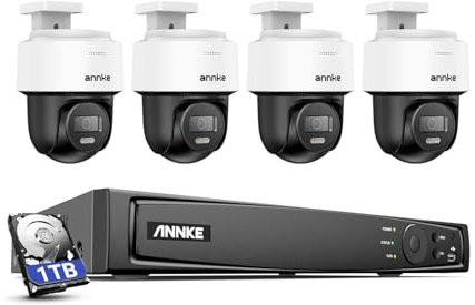 ANNKE 3K PoE-övervakningskamera utomhus set 345° panorering, 80° lutning, autospårning, KI-personigenkänning, 8-kanals 12MP NVR med 1 TB HDD, 24/7-inspelning, för inomhus och utomhus