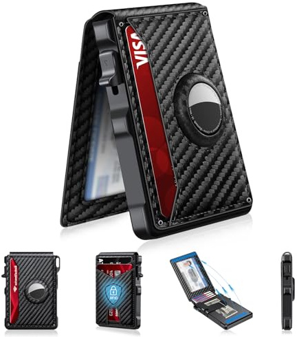 Airtag Wallet for Men, Mens Smart Wallet for Air Tag RFID Blocking, Minimalist Bifold Pop Up Aluminum Credit Card Case Holder 12+ Cards with ID Window, Gift for Men, No Airtag Included, Carbon Fiber