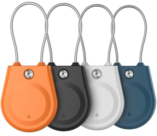 Set med 4 låsfodral för Airtag med metallkabel, IPX8-vattentäthet, för bagage, nyckelring, bagagelapp, ryggsäck (4 st, svart, orange, vit, blå)