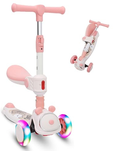 Habib Gruppe Kinderroller Tretroller - 3-in-1 Faltbarer Scooter mit Sitz, LED Rädern, Verstellbar & Leicht (1-12 Jahre) - Sicher & Robust - Pink