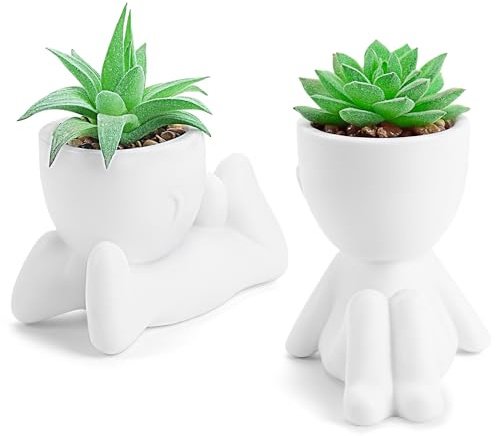 BTSD-home 2 Pack Artificial Plants In White Figure Pots for Bathroom Decor | White figure pots create light shelf decor for bathrooms, office desks, bedrooms and boho spaces, with no watering needed.
