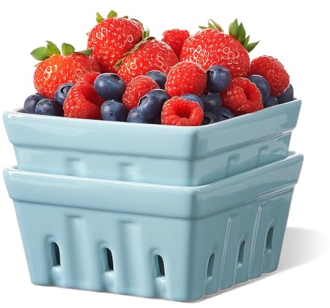ONEMORE Berry Basket Ceramic Berry Bowls with Holes Square Fruit Bowl Berry Colander Containers for Fridge - 5.8 Fruit Basket for Kitchen Décor, Set of 2, Blue