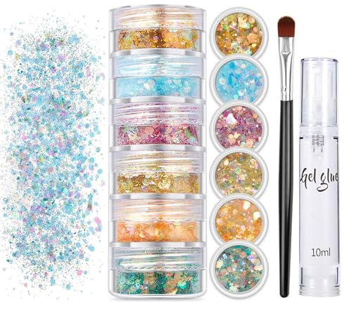 Chunky Glitzer Basteln, 6 Farben Sequin Glitzer Gesicht, Glitzerpulver Pailletten Set, Festival Körperglitzer Body Glitzer Für Gesicht Nägel Augen Haare, Masquerade Party Glitter und Zubehör (#01)