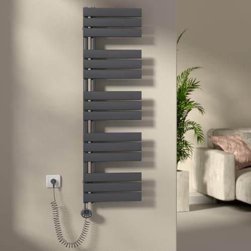 Handtuchheizkörper Elektrisch 1320x400 mm, Badheizkörper Elektrisch mit Thermostat und Heizstab, Wandmontage, Handtuchhalter mit Heizstab 600W IP44, Handtuchwärmer Anthrazit