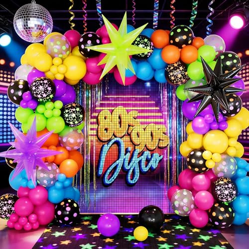 DBKL 190Pcs Rainbow Neon Balloon Arch Garland Kit with Neon Luminous Fluorescent Balloons, Disco Balloons Glow in the Dark Party Decorations for Back to 80s 90s Birthday Disco Party Supplies