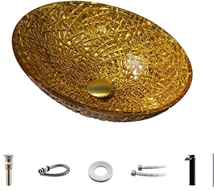 FKTHYO Restroom Sink Bathroom Vessel Sinks Galvanized Tempered Glass Wash Basin Home Oval Golden Glass Basin Sink Wash Basin Countertop Sink (C One Size)