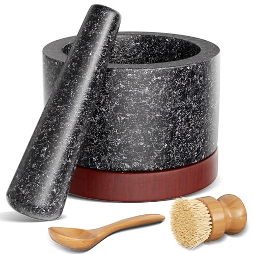 Mortier avec Pilon pour Cuisine, broyeur à épices et herbes, broyeur à pilules, préparation de guacamole frais à la maison, bol de broyeur en pierre solide (noir K, Large)