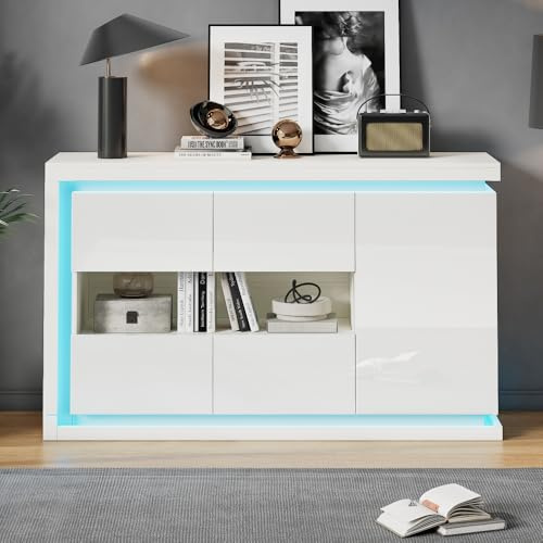 OOIILLEE Commode de Salon Moderne 140 x 40 x 84 cm, 4 Compartiments, Buffet avec Bande Lumineuse LED, Buffet Brillant avec Portes en Verre trempé, idéal pour Les couloirs, Les Salons et Les Bureaux