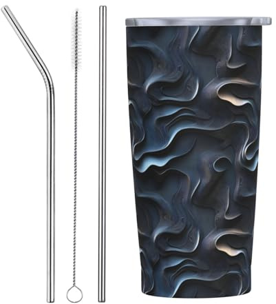 Vaso con estampado abstracto de textura plateada con tapa y popote, vasos aislados de acero inoxidable de 20 onzas, taza de café personalizada, botella de agua