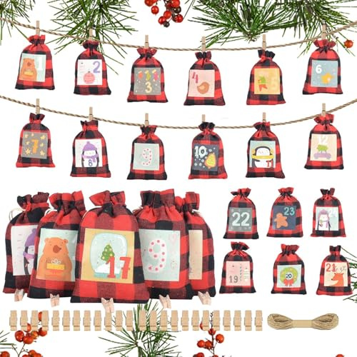 Weihnachtsbeutel mit Kordelzug, leuchtet im Dunkeln, 24-Tage-Countdown-Kalender, Kordelzugbeutel, Goodie Bags Weihnachten, für Schokolade, Nüsse, Gummibärchen, kleine Spielzeug, Lutscher, Knallbonbons