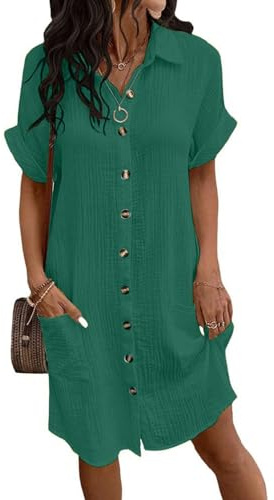 Joligiao Vestido de Verano Mujer Vestidos Manga Corta Cuello V de Lino Algodón con Botones Vestido Camisero Escote en V Mini Vestido Corte A Rectos Sueltos Casual Vestidos la Playa(Verde,L)