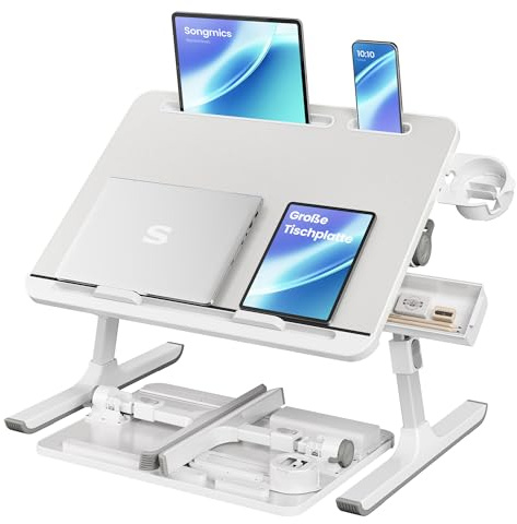 SONGMICS Table de Lit, Bureau Pliable, Plateau 56 x 40 cm, Inclinaison Continue à 120°, Hauteur Réglable, Porte-Gobelet, Support pour Ordinateur Portable, pour Lit, Canapé, Gris LLD113GZ01
