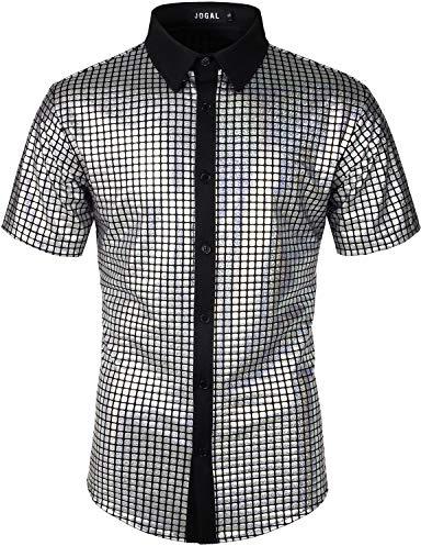 JOGAL Herren Pailletten Kleid Shirt 70er Disco Party Kustüm XX-Large Silber