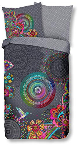 Traumschloss Comfort Flanell Bettwäsche »Finna«, Bunte Mandalas mit Vogel und Blumen, grau, 135x200 & 80x80, 100% Baumwolle, wärmend & kuschelig, mit Reißverschluss bestehend aus Kissen und Bettbezug