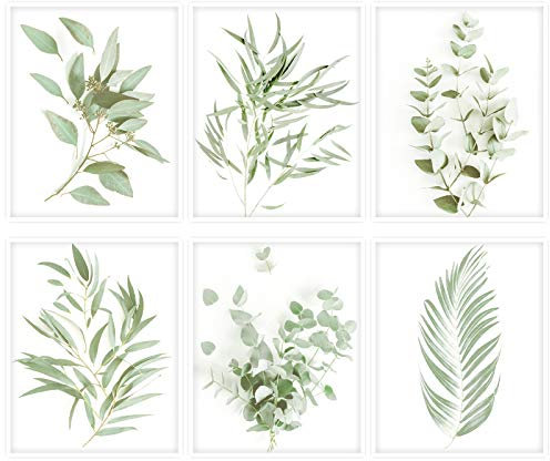 Whaline Botanical Wall Art Prints 6 Pack Boho Plant Wall Decor Minimalist Green Leaves Wall Pictures Photos for Home Bedroom Dormitory (8 x 10 Inch)