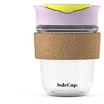 SoleCup. - Reusable Strengthened Glass Travel Cup - Spill Proof Coffee Mug - 12oz/340ml BPA-Free Hot Drink Travel Mug with Lid & Cork Band (Ice Cream, 340ml / 12oz)