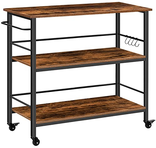 HOOBRO Kitchen Island with Storage, Industrial Kitchen Counter with Hooks and Side Enclosures, 3 Tier Kitchen Cart with Large Workstation, Saving Space, Easy Assembly, Rustic Brown and Black BF03ZD01