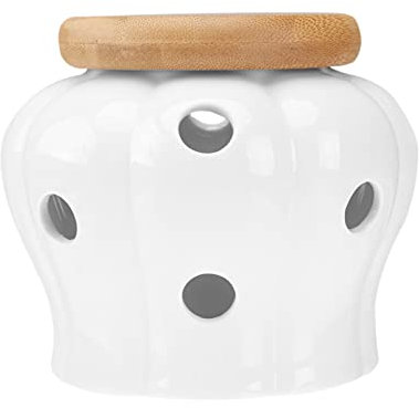 Yardwe Keramik Zwiebeltopf Knoblauch Vorratsdose mit Holz Deckel Kartoffeltopf Vorratstopf Vorratsbehälter Keramikdose Knoblauchtopf Zwiebeln Dose Kartoffeln Behälter für Ingwer Container