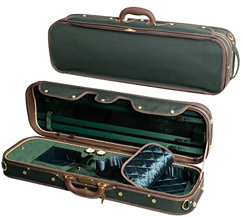 MI&VI NW-9001 Professional Hard-Shell Wooden Violin Case 4/4 (Full Size) Luxury Silk Interior | Solid Wood | Oblong Shape | Sheet Pocket | Adjustable Straps | Hygrometer | Thermometer (Green - Wood)