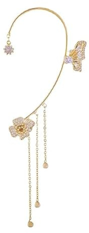Butterfly Tassel Style Zircon Earrings, Sparkling Zircon No Piercing Butterfly Ear Clip, Wrap Butterfly Flowers Tassel Long Ear Cuff Earrings Jewelry Gifts for Women Girls (Left,Silver)
