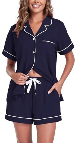 COLORFULLEAF Schlafanzug Damen Kurz 100% Baumwolle Sommer Pyjama Set mit Knöpfe S-XXL