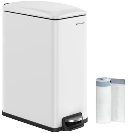 SONGMICS Pattumiera da Cucina 48L, Sottile Cestino a Pedale per Spazio Ristretto, con Coperchio a Chiusura Morbida e Secchio Interno, Acciaio Inox, 15 Sacchetti Inclusi, Bianco LTB510W4802
