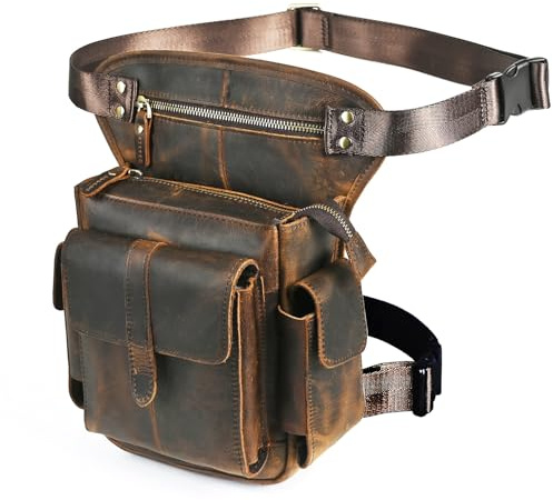 Handadsume Tela Resistente All'acqua + Vera Pelle Moto Equitazione Travel Coscia Borsa per Gambe Marsupio in Vita Per Gli Uomini Donne 913-5 (100% Vera Pelle Marrone)