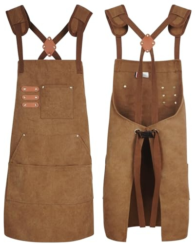 Conda Chef Apron, 1 Pack, 100% Cotton Canvas Bib Apron, Acid-Free, Cross Back Straps Apron With Pockets for Men Women, for Painting Cooking Pottery Baking, Camel