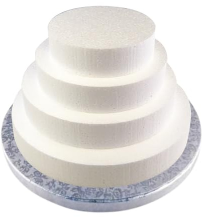 Cake Company Torten Dummy Set 4 Etagen mit Tortenplatte | 20cm hohe, hochwertige Styropor Torte | Deko-Torte 25cm x 20cm x 15cm x 10cm - 5cm Höhe | weiß (4 Stöckig) + Cake Board