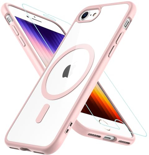 Hensinple Hülle für iPhone SE 2020, iPhone SE 2022 Hülle iPhone 8/7 Hülle, Magnetisch Handyhülle iPhone SE 2/3 mit HD Schutzfolie Glas für MagSafe Stoßfeste Schutzhülle iPhone SE 2022 Case (Rosa)