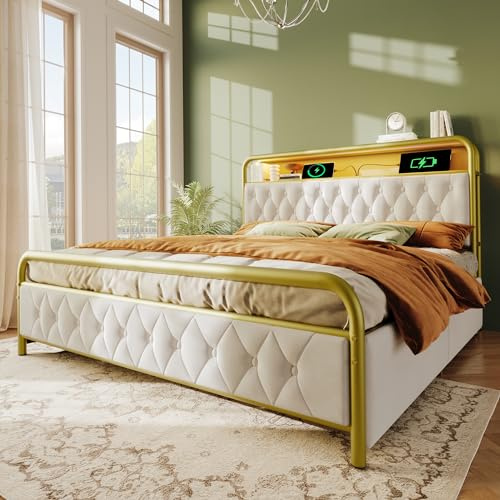 Polsterbett 140x200 mit LED und USB, Doppelbett mit 4 Stauraum Schubladen, Polster Kopfteil mit Regal, Stauraumbett Metallbett Jugendbett Bettgestell, Samtstoff (Weiß, Ohne Matratze, 140×200 cm)