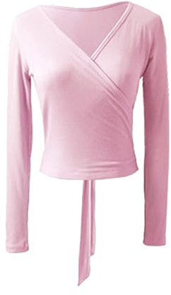 SHAIQGB Ballett Tanz Wickel Oberteile Frauen Mädchen Ballett Trikots Mantel Wrap Tops Langarm Ballett Tanz Gymnastik Overall Pullover Spitze-up Warm Up Cardigan(Pink,L)