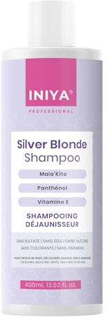 Shampooing Déjaunisseur Sans Sulfate ni Silicone | Iniya Silver Blonde Shampoo 400ml | Shampooing Bleu Violet | Shampooing Cheveux Blonds, Gris, Décolorés ou Méchés | Marque Française