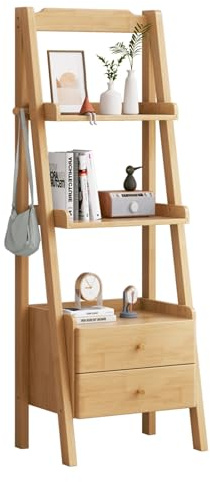 YVYKFZD Ladder Shelf Bookshelf, Free Standing Bookcase, Display Storage Rack with Drawer, Wood Book Shelf Organizer Plant Flower Stand, for Bedroom Living Room Study(Wood,17.7x14.1x55.1)
