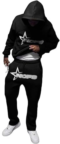 Men's Tracksuit Y2K Hoodie Jogging Bottoms Set Long Sleeve Sportsuit Baggy Sweatshirt Tops 2 Piece Outfits Casual Sweat Suit Slim Fit Warm Up Two-Piece Set Halloween Clothes (Black, M)
