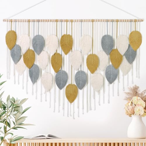 Weldomcor Macramé Tapiz Grande Tejido Tapiz Boho Macramé Hoja Decoración de Pared Pluma Chic Arte Tejido Para Dormitorio, Decoración de Salón, 130 cm Amarillo