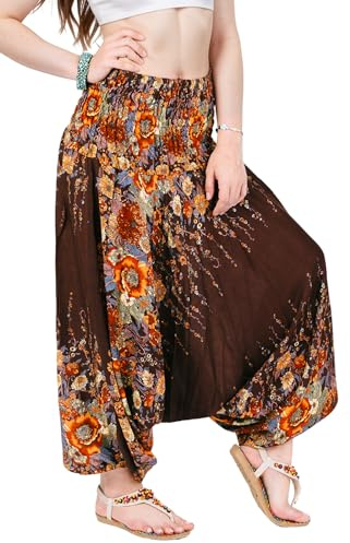 YOUR COZY Boho Hippie Harem Pants Jumpsuit for Women – Lightweight Rayon Loose Dhoti Trousers with Elastic Waist for Lounge & Travel (Brown Flowers_S)