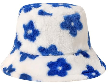 JJDreams Fischerhut Damen Winter,Plush Floral Bucket Hut,Geschenk Für Die Feiertage,Blaue Blume