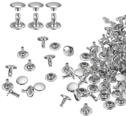 sourcing map 60 Sets Double Cap Leather Rivets, 9x8mm Round Cap Tubular Metal Studs Leather Crafting Rivets for Fabric Belt Pet Collar Boot Bag Repair and Decoration, Silver