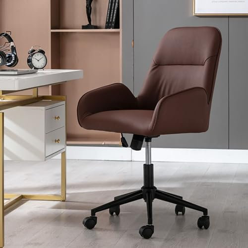 Schreibtischstuhl, drehbar, mit Rollen, höhenverstellbar, PU-Leder, Sessel für Schminkzimmer und Heimbüro, Braun