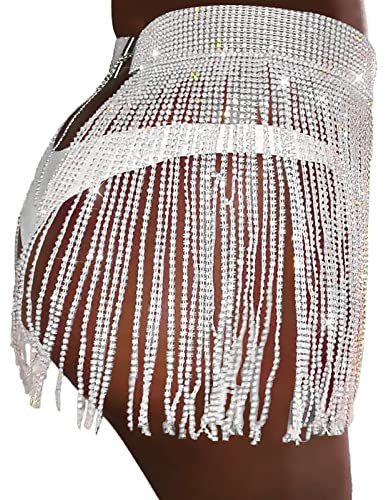 Sexy Hüftschal Strasssteine Hüfttuch Damen Glitzer Rock Kurze Quasterock Glänzender Mode Fransenrock Bauchtanz Rock Rave-Outfit Party Funkelnder Karneval Kostüm
