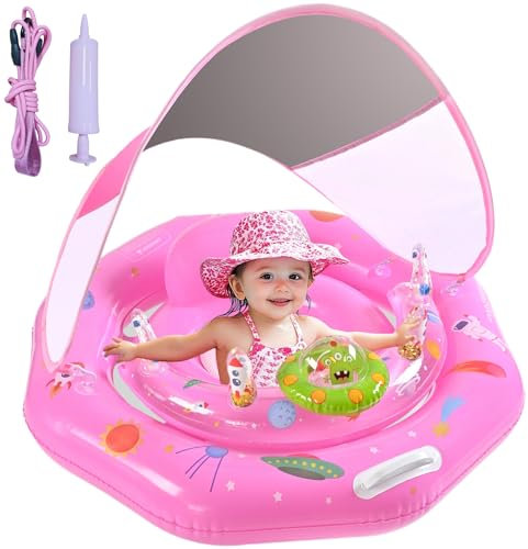 Baby Pool Float for 6-36 Months | Extra Wide Infant Pool Float with UPF50+ Canopy & Toy Play Console | Baby Floatie with Adjustable Safety Seat, Detachable Sunshade, Secure Handle & Safety Leash