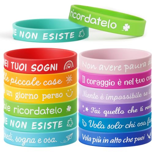 BETESSIN Motivationsarmbänder Kinder - 12 Stück Silikon Armbänder mit Italienischen Sprüchen - Glücksbringer und Mutmacher für Kinder