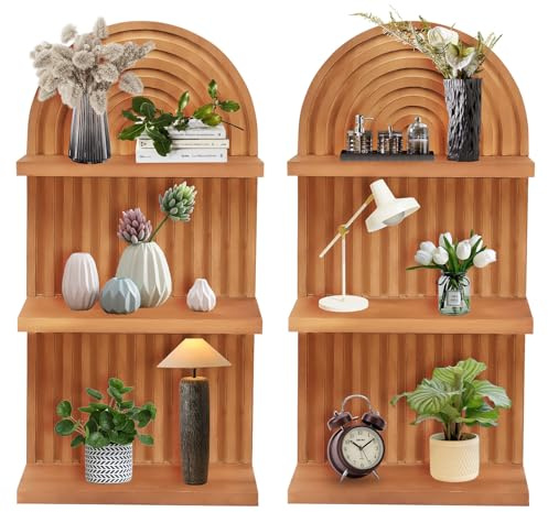 Tefola Lot de 2 étagères murales en Bois de Style bohème, avec des Panneaux incurvés et 3 étagères, pour décorer Les Murs en Bois et y Placer des Pots Fleurs, Livres, Bougies