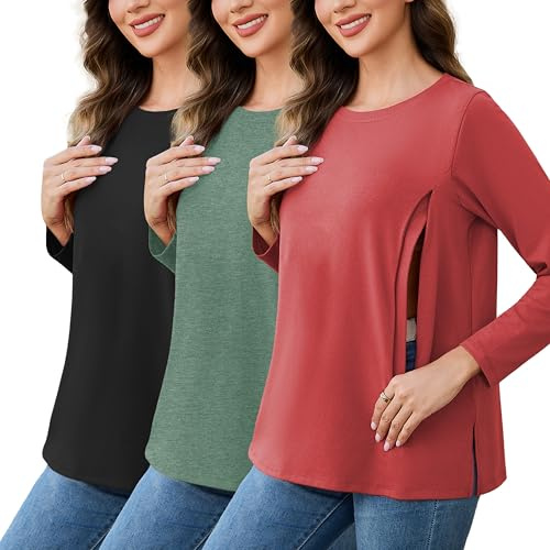 Love2Mi Pack of 3 Women's Nursing Shirts with Zip Loose Breastfeeding T-Shirt Maternity Tops Pregnancy Nursing Top, L