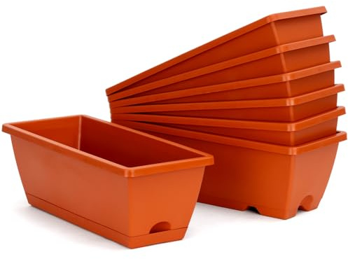 Bamworld Lot de 7 jardinières rectangulaires en Plastique avec Trous de Drainage et Plateaux pour Rebord de fenêtre, terrasse, Porche, décoration de Jardin, Rouge, 43 cm