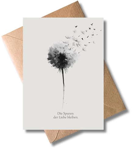 WBdesignz Trauerkarte „Die Spuren der Liebe“ mit Umschlag – Kondolenzkarte mit Pusteblume Motiv– hochwertige Beileidskarte für Anteilnahme, Trost, Trauer & Beerdigung (DIN A6, Spuren der Liebe)