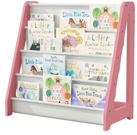 NACHES Kinder Bücherregal 4 offenen Stofffächern, 60x30x60cm, Rosa | aus Holz, Vliesstoff, 4 Ebenen Kinderzimmer Regal