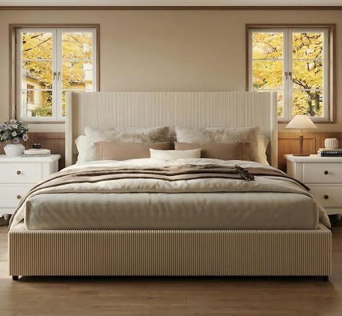 IDEALHOUSE King Size Bed Frame with Storage Drawers, Corduroy Upholstered Platform with Wingback, No Box Spring Needed, Cream Beige