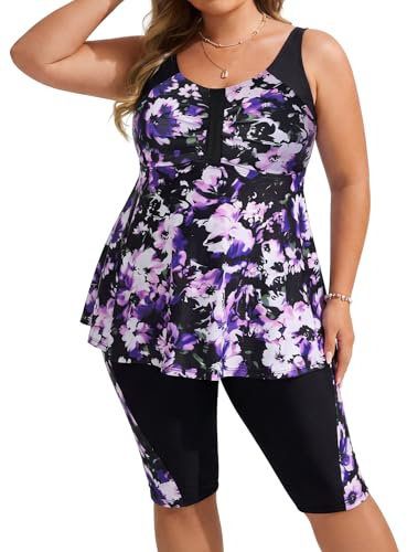 Hanna Nikole Tankini da donna, taglia grande, per la pancia, costume da bagno push up, tankini, set da due pezzi, a vita alta, estivo, tankini, top con pantaloncini da bagno, Fioritura in corso, 50